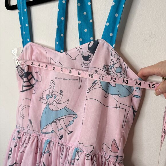 Cute Alice In Wonderland Print Pink & Blue Flowy Halter Top Apron Dress Zip SM - Picture 6 of 11